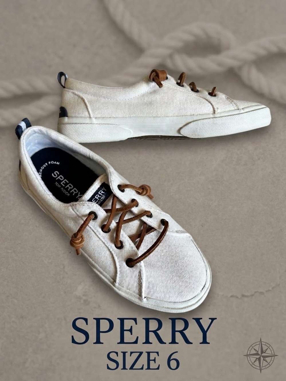 SPERRY Women’s Pier Wave Canvas LTT Sneakers White Leather Laces Size 6